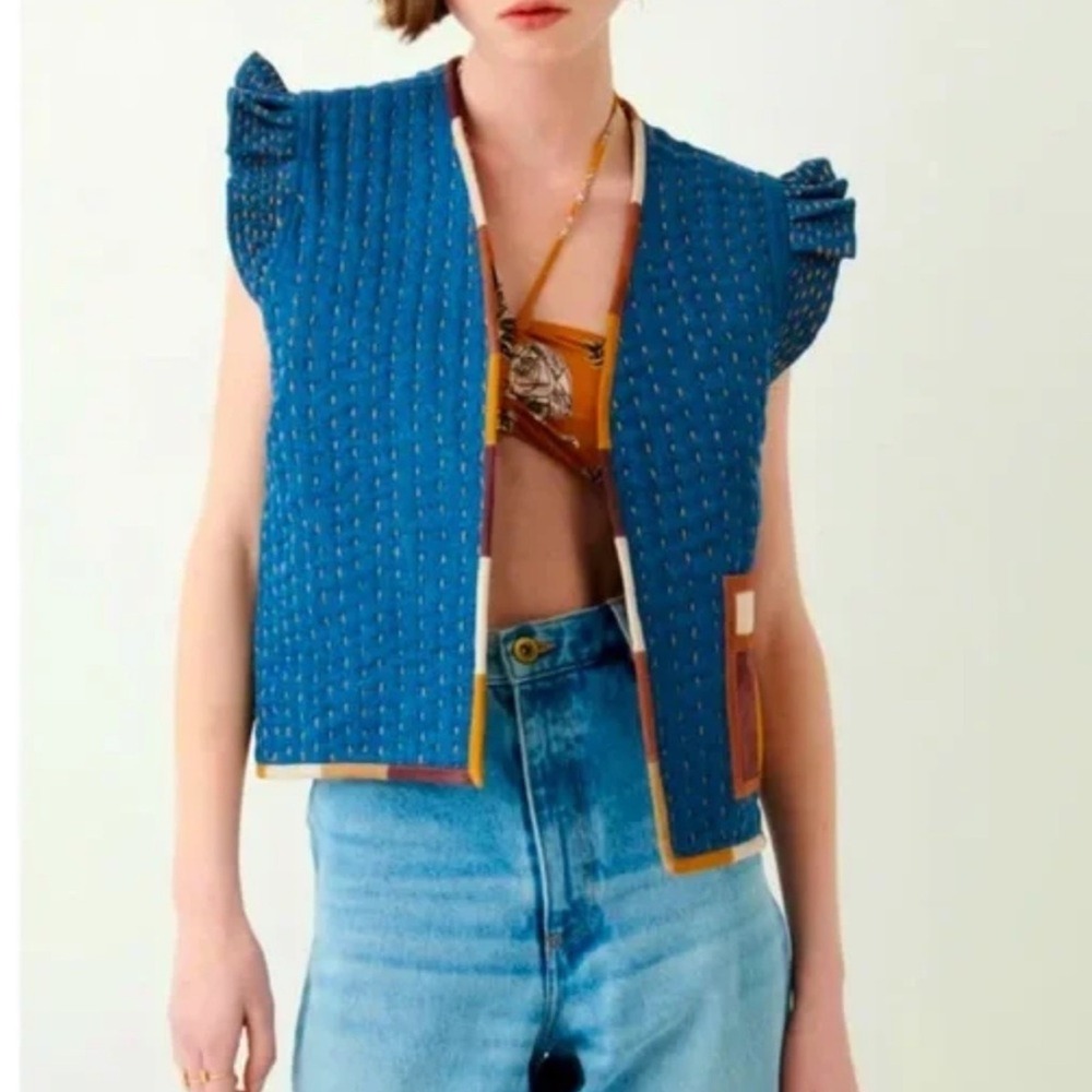 Sessun NWOT SZ Med Chiapello‎ Denium Blue Quilted Vest leather trim reversible